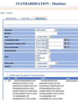 Capture d'écran du formulaire de recherche de la base de données des mandats de normalisation