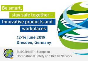 Ankündigungs-Flyer für die EUROSHNET-Konferenz 2019: Be smart, stay safe together. Innovative products and workplaces