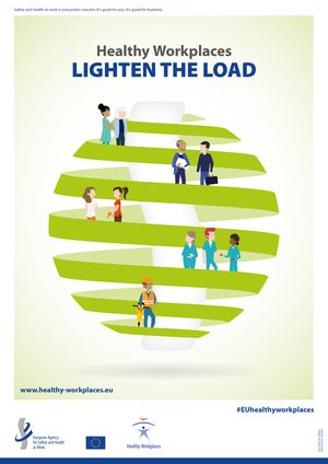 Poster of the EU OSHA "Healthy workplaces – lighten the load” campaign with an illustration of people in different work situations