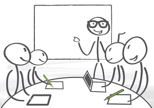 Zeichnung 4 Schüler und ein Lehrer an einem Tisch mit Schreibheften und Laptops