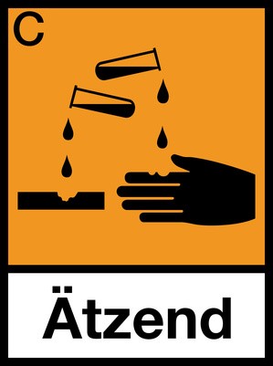 Warnschild Piktogram ätzend, Säure verletzt Hand und Oberfläche