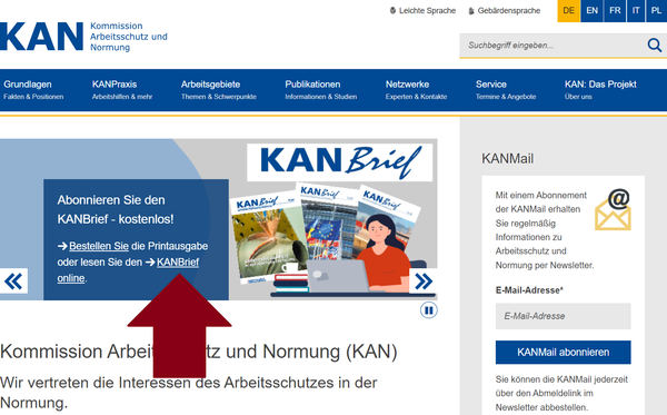 Die Startseite der Webseite www.kan.de. Mittig liegt ein Banner mit Bildern. Ein Pfeil zeigt auf den Banner.