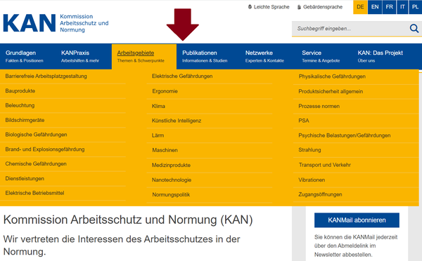 Die Kopfzeile der Webseite www.kan.de. Ein roter Pfeil zeigt auf die Navigation der Webseite.