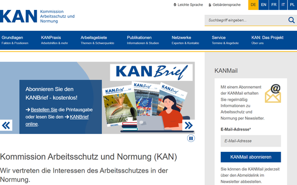 Die Startseite der Webseite www.kan.de. Der Bildausschnitt zeigt das Logo, die Navigationsleiste und einen Banner mit Bildern.