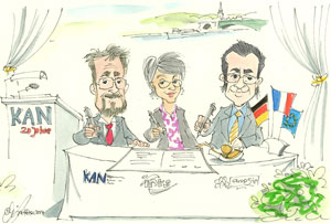 Dessin des représentants allemands et français signant la déclaration commune