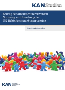 Ilustracja na stronie tytułowej do badań KAN "Wkład standaryzacji związanej z bezpieczeństwem i higieną pracy przy wdrażeniu Konwencji ONZ o prawach osób niepełnosprawnych"