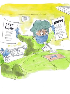 Karikatur eines Arztes, der zwischen Norm und Leitlinie hin- und hergerissen ist