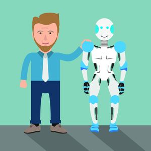 Karikatur humanoider Roboter mit Geschäftsmann