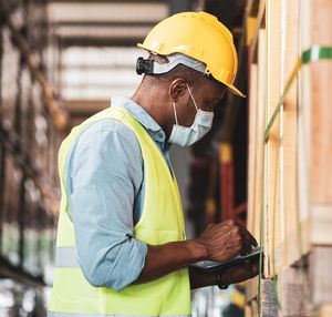 Storekeeper with helmet, protective mask and high-visibility vest enters something into his tablet computer.