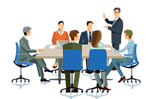 Illustration of several people sitting at a meeting table 