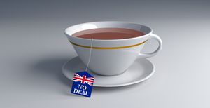 Cup of tea with teabag label showing the British flag and “No deal” 