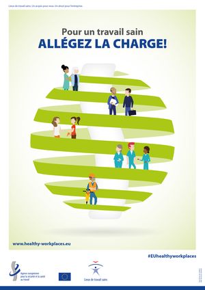 Poster de la campagne de l’EU-OSHA « Pour un travail sain – allégez la charge » avec une illustration de personnes dans différentes situations de travail.