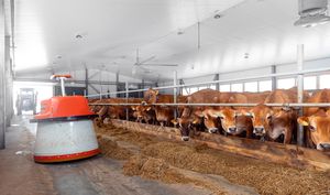 Robot repousse-fourrage dans une étable à vaches