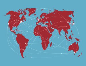 Weltkarte mit Netzwerklinien zwischen den Kontinenten