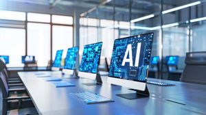 Eine moderne Büroeinrichtung mit schlanken CPU-Computern mit „AI“-Textgravuren. Klick öffnet die Seite Die Normung der KI-Verordnung schreitet voran
