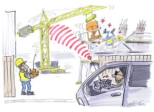 Cartoon einer Baustelle. Ein Hacker in einem Auto greift per Funk in die Steuerung eines Krans ein.