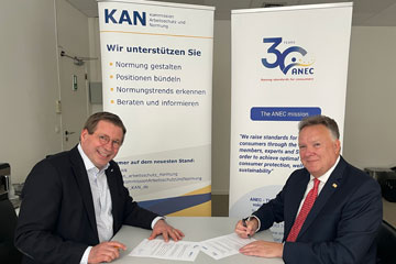 Adalbert von der Osten, Deputy Director of the KAN Secretariat, and Stephen Russell, Director-General of ANEC, sign the letter of intent .. Click opens the page Working together for safe products: KAN and ANEC sign Letter of Intent