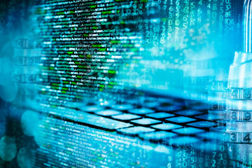 Programmiercode mit Zahlenschloss, Matrix, Computer und abstraktem technischen Hintergrund in blau. Click opens the page Study on challenges, opportunities and trends in algorithmic management