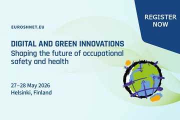 Logo zur Ankündigung der EUROSHNET Konferenz 2026 in Helsinki. Click opens the page Digitalisation and climate change: reshaping occupational safety and health
