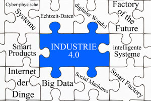 Puzzle: Zwei Teile mit der Aufschrift Industrie 4.0 sind besonders hervorgehoben.
