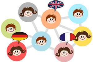 Illustration eines Netzwerks von Personen, die verschiedene Sprachen sprechen