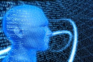 Digital model of a human head in front of a background of binary code. 