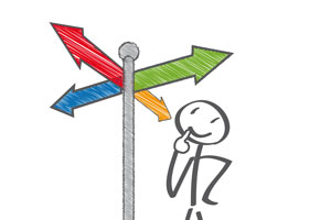 A stick figure stands next to a signpost with four coloured signs pointing in different directions and thinks about which one to follow
