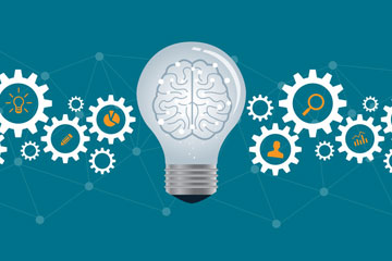 Ein Gehirn wird in einer Glühbirne abgebildet. Um die Glühbirne herum befinden sich Zahnräder.. Klick öffnet die Seite EU-OSHA veröffentlicht Strategie 2025-2034