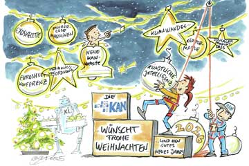 Die KAN wünscht frohe Weihnachten und ein gutes neues Jahr. An einer Lichterkette hängen Kugeln und Sterne mit den aktuellen Themen der KAN in 2026: Exoskelette, Fahrerlose Maschinen, Duroshnet Konferenz, Normungsverordnung, Neue KAN-Website, Klimawandel, KI, Körpermaße, Digitaler Produktpass.. Click opens the page KAN wishes you a Merry Christmas!