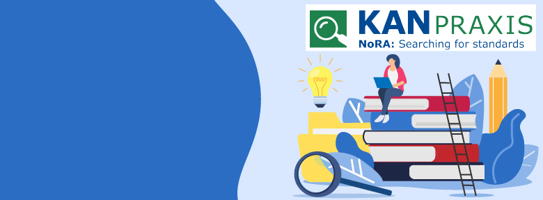 Logo KANPraxis NoRA: Searching for standards and illustration of a woman with a laptop sitting on a pile of books