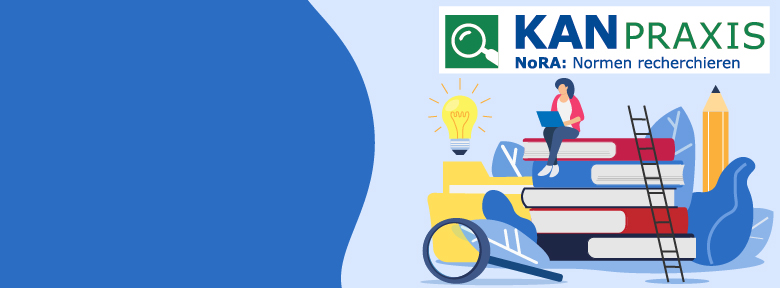 Logo KANPraxis: Normen recherchieren und Illustration einer Frau mit Laptop, die auf einem Bücherstapel sitzt
