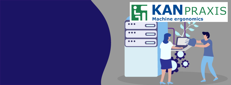 Logo of KANPraxis Machinery: Finding ergonomic solutions and illustration of two people standing in front of a machine