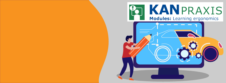Logo of KANPraxis Modules: Learning ergonomics and illustration of a person in front of a screent with a technical drawing of a car