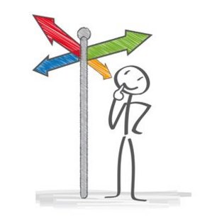 Männchen blickt ratlos auf Wegweiser, die in vier verschiedene Richtungen weisen.