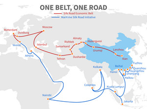 Map showing the route of the New Silk Road from China to Europe
