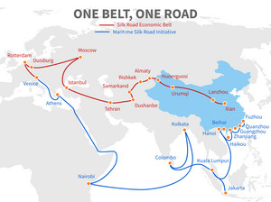 Karte mit dem Verlauf der Neuen Seidenstraße von China nach Europa