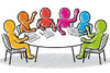 Six colourful people sit around a table