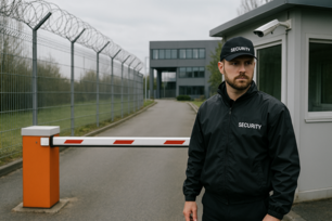 Mann steht vor Einfahrt-Schranke. Er trägt ein schwarz Kappe und eine schwarze Jacke mit der Aufschrift "Security"