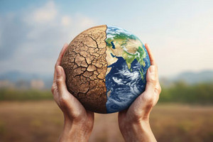 Zwei Hände halten eine Erdkugel. Diese wird auf der einen Seite als rissiger Planet, auf der anderen als Seite als grüner Planet dargestellt.