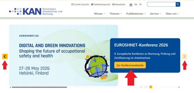 Bild von der Starseite von www.kan.de. Rote Pfeile zeigen auf einen Link in einer Nachricht und auf die Pfeile links und rechts neben den Slider, um sich vor und zurück innerhalb der Nachrichten zu bewegen.