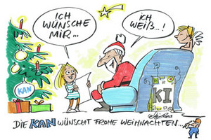 Der Weihnachtsmann sitzt in einem KI-gesteuerten Sessel und kennt bereits die Wünsche des Mädchens, das ihm ihren Wunschzettel vorliest.