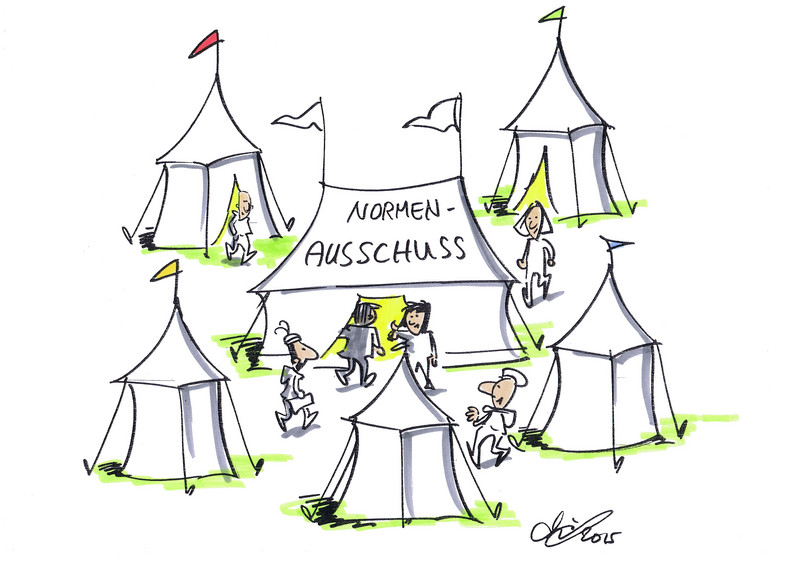 Zeichnung einer Zeltstadt, in der mehrere Personen auf das zentrale Zelt mit der Aufschrift "Normenausschuss" zugehen.
