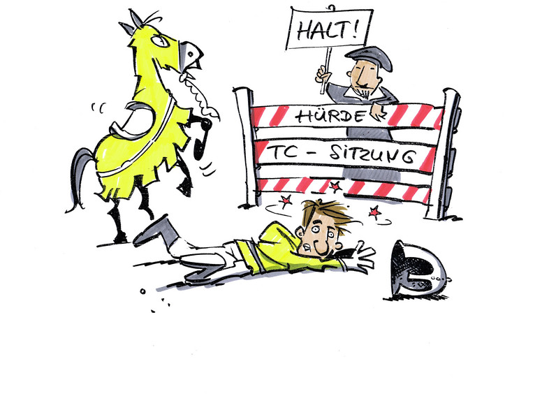Zeichnung: Ein Reiter ist vom Pferd gefallen, das vor dem Hindernis "Hürde TC-Sitzung" verweigert  hat