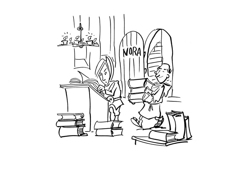 Zeichnung einer Klosterbibliothek mit diversen Bücherstapeln und einer Frau, die an einem Pult in einem Buch blättert; ein Mönch bringt einen Bücherstapel zur Tür herein. 