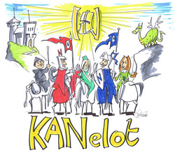 Drawing of the five knights of KANelot on horseback, two of them holding flags; two hills in the background with a castle and a dragon; above, a shiny golden knight's helmet