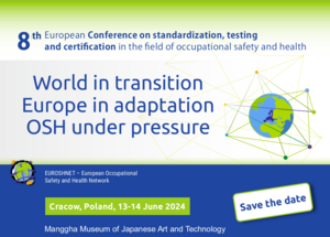 Logo and title of the 8th EUROSHNET Conference (World in transition - Europe in adaptation - OSH under pressure)