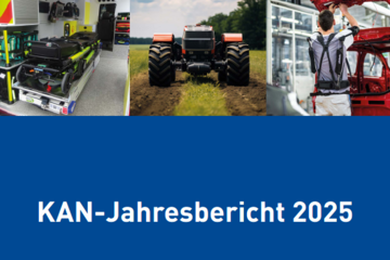 Titelbild des KAN-Jahresberichts-2025 mit drei Bildern zu Fachthemen: Ein Rettungswagen, ein fahrerloser Traktor und ein Mann mit Exoskelett bei der Automontage