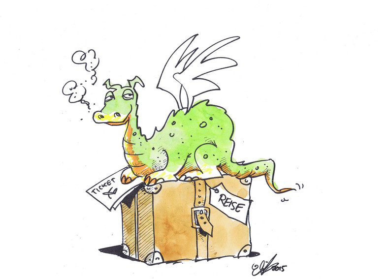 Drawing of a dragon sitting on a packed suitcase