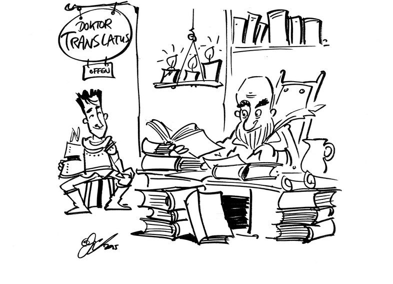 Zeichnung: Ein Ritter wartet in der Schreibstube von Dr. Translatus, der zwischen vielen Büchern an seinem Schreibtisch arbeitet.
