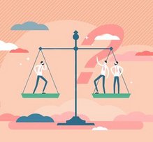 Zeichnung einer Waage im Gleichgewicht: In der linken Waagschale steht eine Person, in der rechten zwei Personen. Im Hintergrund sieht man ein Fragezeichen.